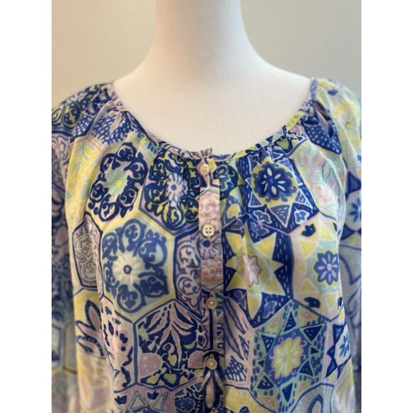 Talbots Coastal Colorful Peasant Blouse Blue Floral Patchwork 3/4 Sleeve SZ LP - Picture 2 of 6